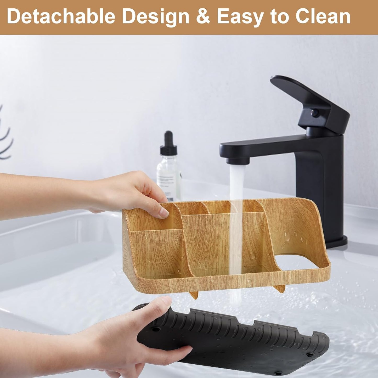 Bathroom Countertop Organizer with Toothbrush Holder – Detachable 7-Slot Vanity Storage Caddy with Drainage, Woodgrain Finish - PuriLite
