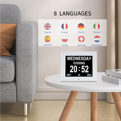 [2025 Newest] Digital Day Calendar Clocks 3 Medicine Reminders Extra Large 8 Inch Non-Abbreviated Day Date Month Dementia Senior Clock for Eldarly Memory Loss Vision Impaired Clock