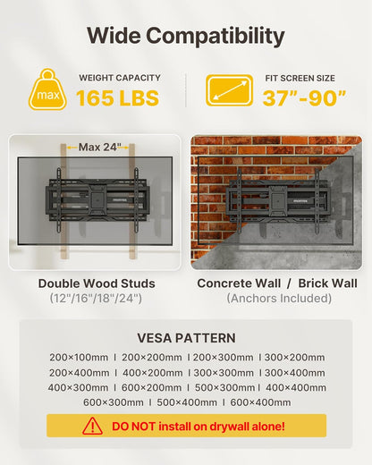 monTEK Full Motion TV Wall Mount for Most 37-90 inch TVs up to 165 lbs, Heavy Duty TV Mount with Dual Articulating Arms, Tool-Free Tilt, Swivel, Extension, Fits 16"/18"/24" Studs, Max VESA 600x400mm