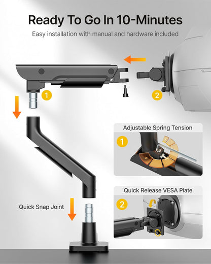 monTEK Premium Aluminum Monitor Arm for 17–57” Ultrawide Screens up to 59 lbs, USB 3.0 Single Desk Mount with Adjustable Gas Spring, Quick-Release Plate, 10-Min Assembly, Clamp/Grommet, VESA 100x100