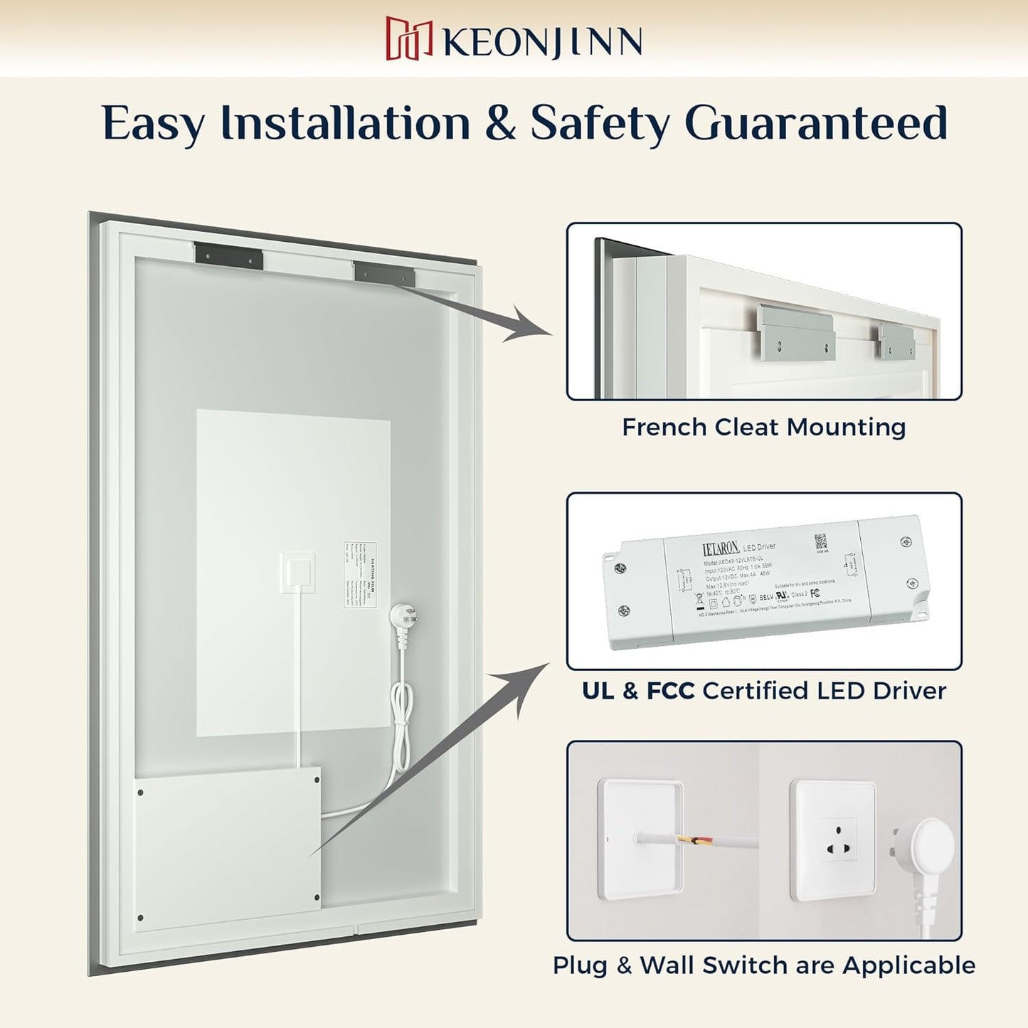 Keonjinn 40 x 32 Inch LED Bathroom Mirror with Acrylic, Backlit Mirror Anti-Fog, Lighted Bathroom Mirror for Wall, CRI90 High Definition Dimmable Large Makeup Mirror(Horizontal/Vertical)