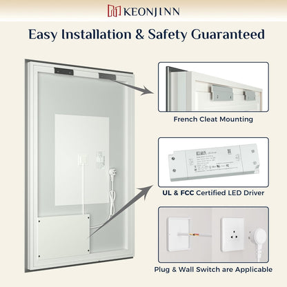 Keonjinn 40 x 32 Inch LED Bathroom Mirror with Acrylic, Backlit Mirror Anti-Fog, Lighted Bathroom Mirror for Wall, CRI90 High Definition Dimmable Large Makeup Mirror(Horizontal/Vertical)