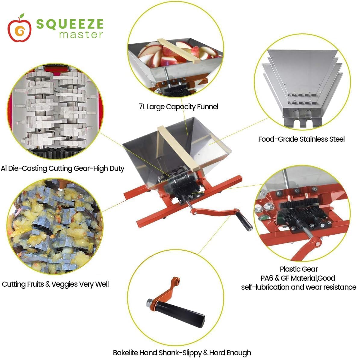 SQUEEZE master Fruit Apple Wine Classic Crusher -7 Litre/1.8Gallon Manual Grinder- Large Stainless Steel-Red