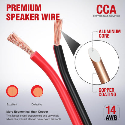 Nilight 100FT 14AWG Copper Clad Aluminum Wire 14/2 Gauge Red Black CCA Electrical Cable 2 Conductor Parallel 12V/24V DC Flexible Extension Cords for Car Audio Radio Speaker Amplifier