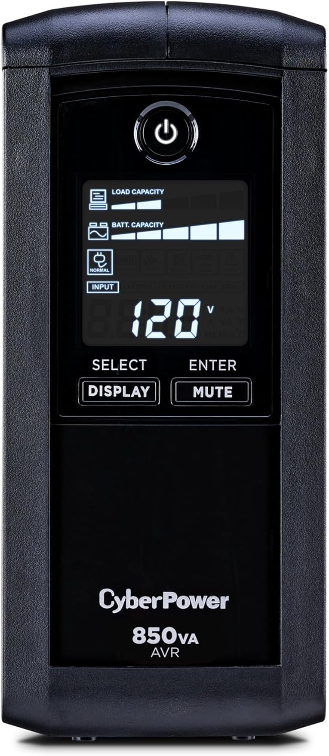 CyberPower CP1500AVRLCD3 Intelligent LCD UPS System, 1500VA/900W, 12 Outlets, 2 USB Ports, AVR, Mini Tower, Black