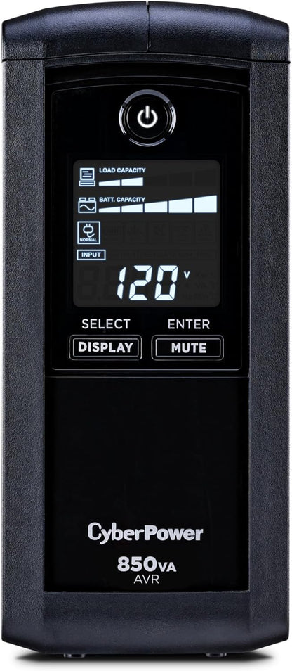 CyberPower CP1500AVRLCD3 Intelligent LCD UPS System, 1500VA/900W, 12 Outlets, 2 USB Ports, AVR, Mini Tower, Black
