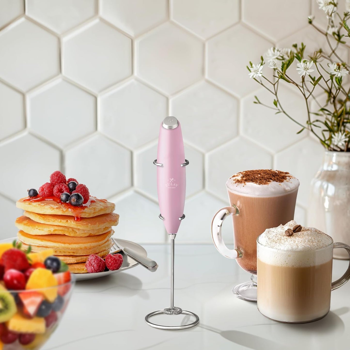 Zulay Kitchen Powerful Double Whisk Milk Frother Handheld - Foam Maker with Stand - Whisk Drink Mixer for Coffee, Mini Foamer for Latte, Matcha, Frappe, Hot Chocolate & Cappuccino (Black)