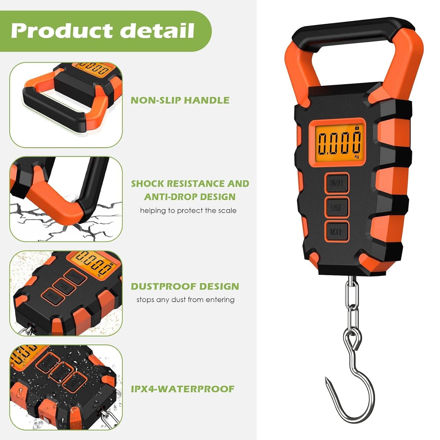 KeeKit Digital Fishing Scale with Ruler, 110lb/50kg Electronic Digital Luggage Scale, Waterproof Fishing Postal Hanging Hook Scale with Measuring Tape, Backlit LCD Display