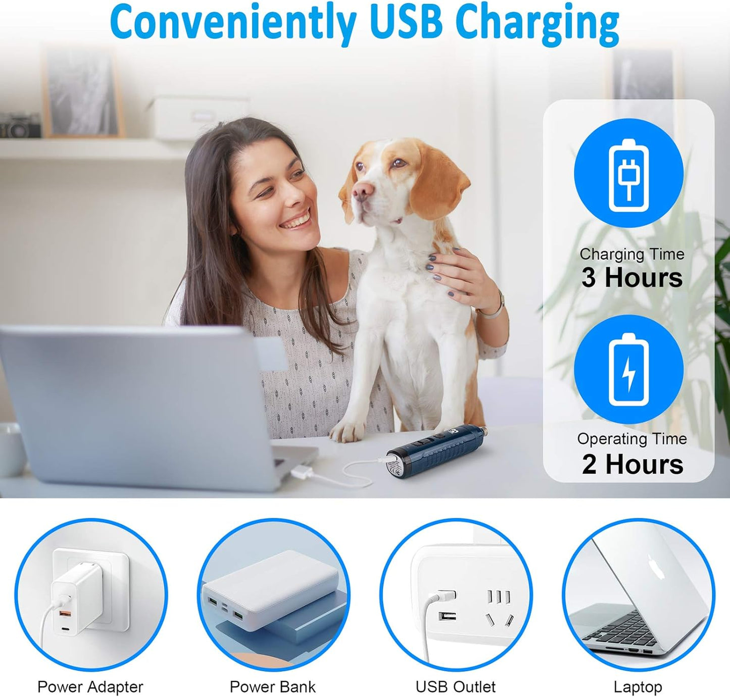 Casfuy Dog Nail Grinder with 2 LED Light for Large Medium Dogs - 3X More Powerful 2-Speed Electric Pet Nail Trimmer Rechargeable Quiet Painless Paws Grooming & Smoothing Tool