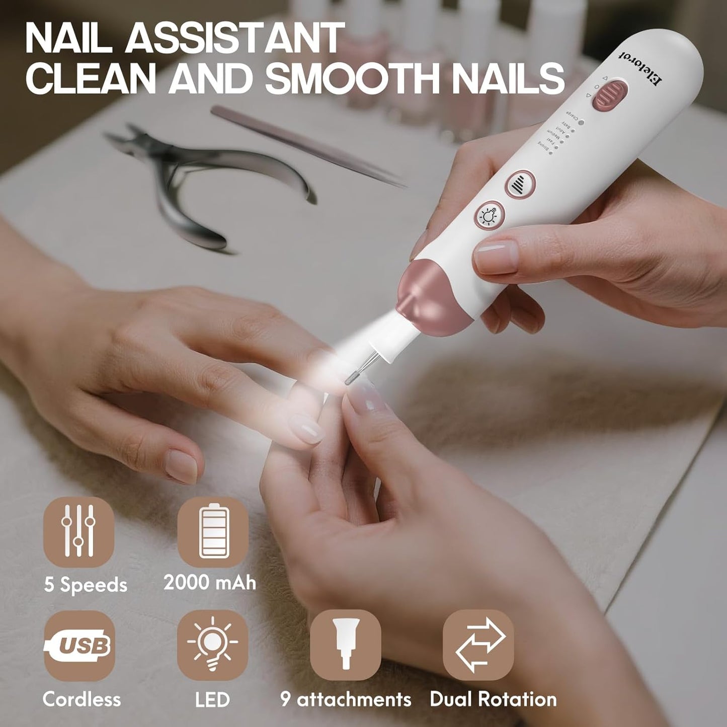 Eletorot Electric Nail File Set, 8 in 1 Professional Manicure and Pedicure Kit, Cordless pedicure tools for feet, 5 Speeds Electric Nail Drill Machine, Toe Nail Grinder Kit for Thick Nails