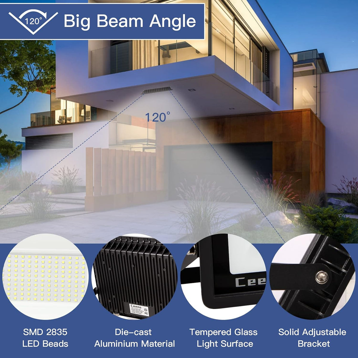 Ceena 2 Pack 60W Plug in LED Flood Light Outdoor, 6000lm Super Bright Floodlight with 5.9FT Wire, IP66 Waterproof 6000K LED Work Light for Garage, Yard, Patio, Front Door