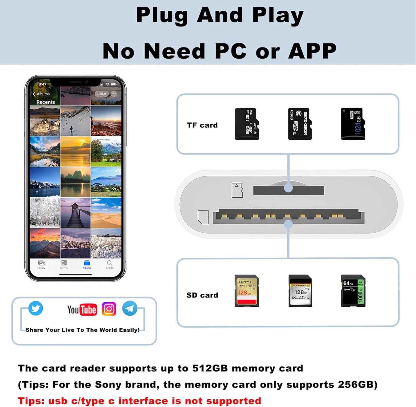 Lightning to Sd Card Reader for iPhone Camera, [Apple MFi Certified] Dual Card Slot Memory Card Readers Supports SD and TF Card, Plug and Play Sd Card Adapter Compatible with iPhone