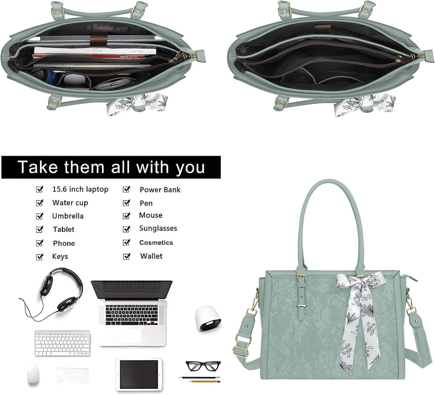 MOSISO Laptop Bag for Women, 17-17.3 inch PU Leathe Tote Bag Compatible with MacBook, HP, Dell, Asus Notebook, Front Embossed Retro Hibiscus Computer Bag with Silk Scarf&Clutch Purse, Gray - PuriLite