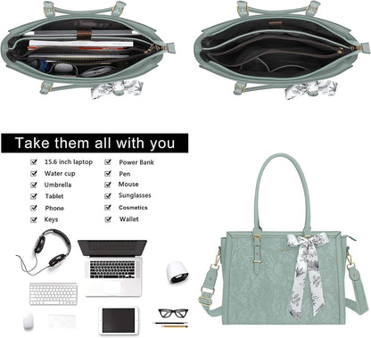 MOSISO Laptop Bag for Women, 17-17.3 inch PU Leathe Tote Bag Compatible with MacBook, HP, Dell, Asus Notebook, Front Embossed Retro Hibiscus Computer Bag with Silk Scarf&Clutch Purse, Gray - PuriLite