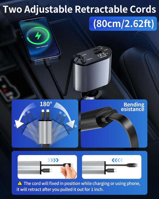 Retractable Car Charger, 4 in 1 Fast Charging Car Charger USB-C & USB-A Compatible with iPhone 16/15/14/13/12/11,Galaxy,Pixel - PuriLite