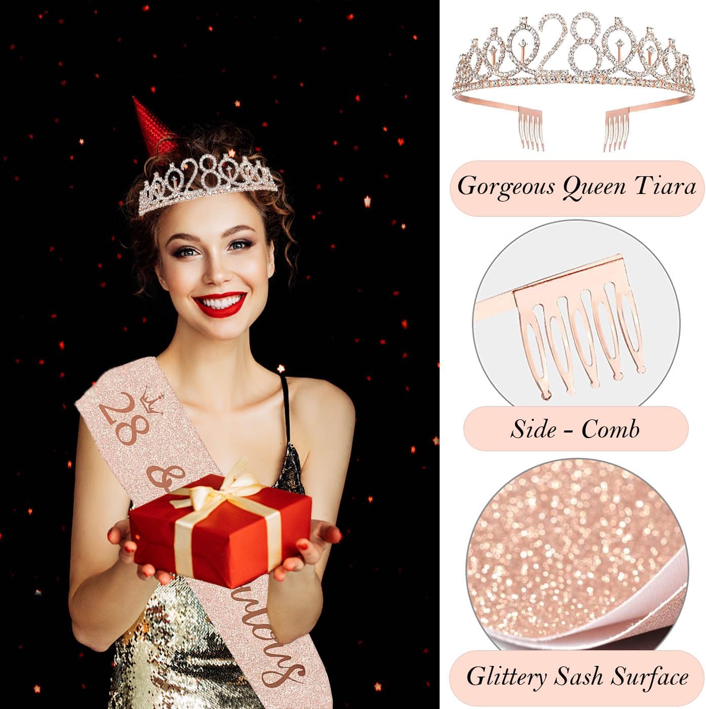 8pcs 40th Birthday Decorations gifts for Women, Including 40th Happy Birthday Cake Topper, Queen Sash with Pearl Pin, Sweet Rhinestone Tiara Crown for Women, Number Candles and Balloons (Rose Gold)