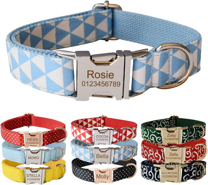 Custom Dog Collar with Metal Buckle - Pet Collars Personalized with Name and Phone Number (Plaid)