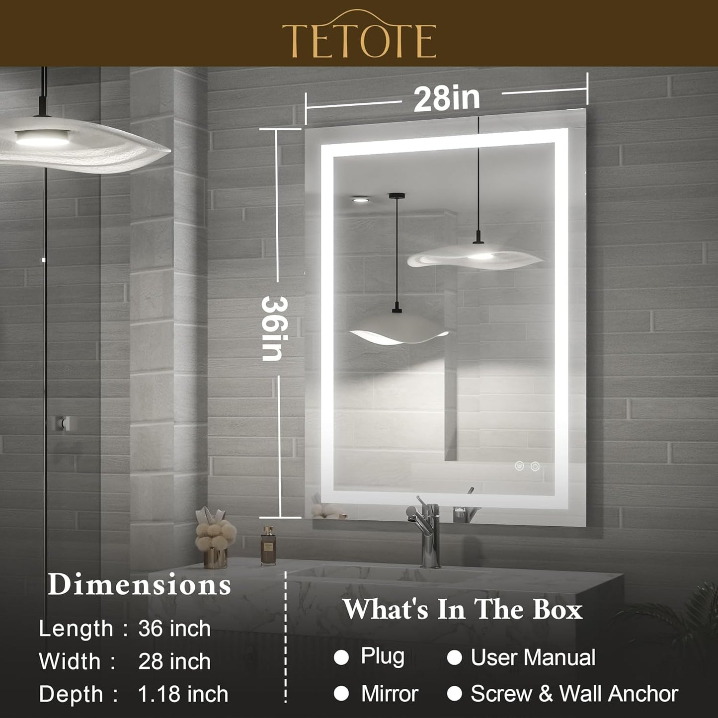 TETOTE 36 x 28 Bathroom LED Mirror Bedroom LED Mirror Fashion Style Vanity Makeup Mirror Dimmable Anti-Fog Wall Mounted Birthday Gift Housewarming Gift Wedding Gift