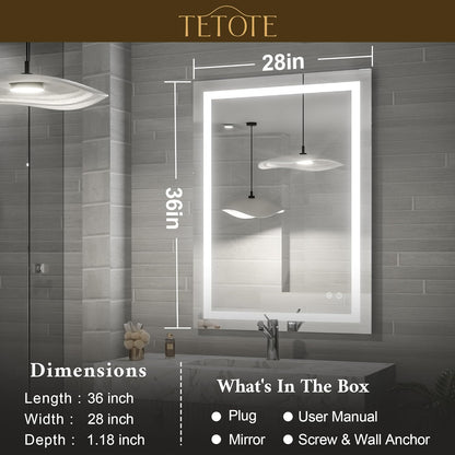 TETOTE 36 x 28 Bathroom LED Mirror Bedroom LED Mirror Fashion Style Vanity Makeup Mirror Dimmable Anti-Fog Wall Mounted Birthday Gift Housewarming Gift Wedding Gift