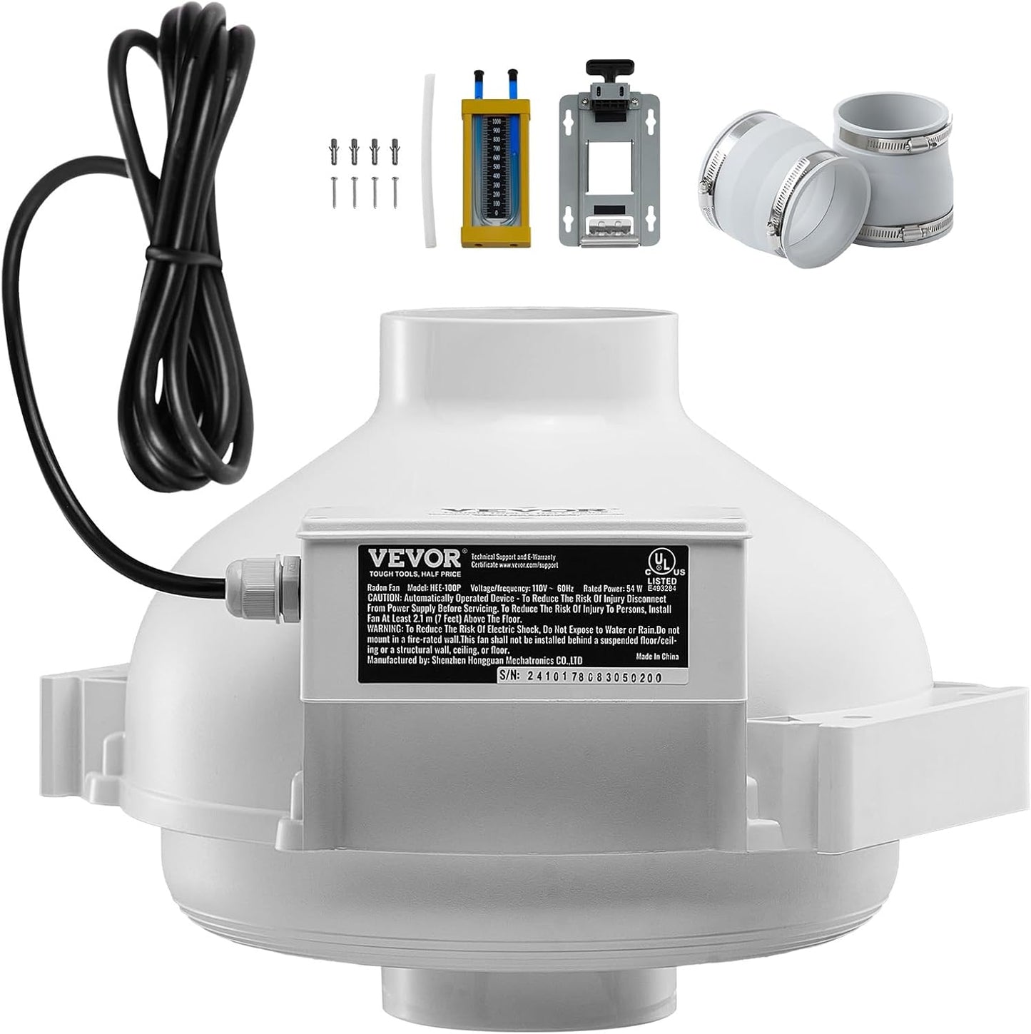 VEVOR 4 to 4.5 inch Radon Mitigation Fan System, Quiet 260 CFM Radon Mitigation Kit with 2 Couplers, Waterproof Radon Fan Electric Inline Duct Fan Exhaust Fan for Indoor Outdoor Ventilation