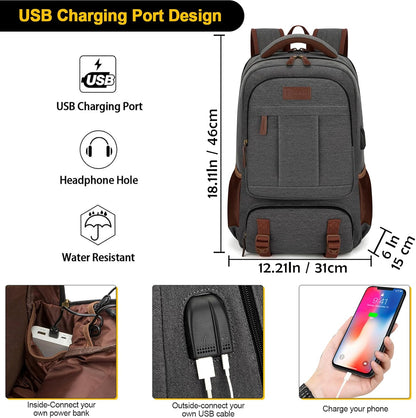 Tzowla Canvas Laptop Backpack Men,Bag for Women,School Travel College Work Rucksack Fits 15.6 Inch Laptop,Bookbag with USB Charging Port,Dark Grey