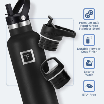 Camping & Hiking Hydration Canteens - 24oz 3 Lids (Narrow Straw/Spout Lid) Leak Proof Vacuum Insulated Stainless Steel - Hot & Cold Double Walled Sports Water Bottle