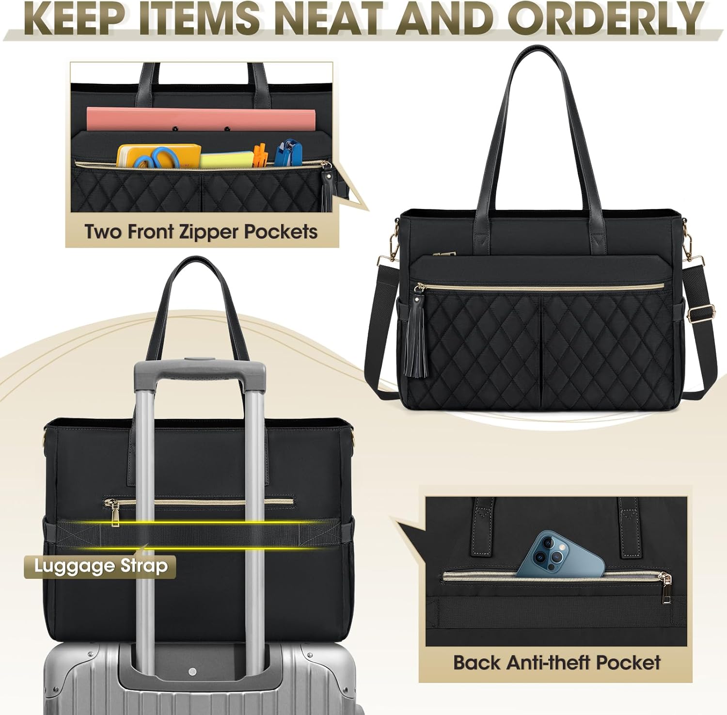 RAINSMORE Laptop Bag For Women 15.6 Inch Work Teacher Tote Bag Waterproof Nurse Bag Large Handbag Shoulder Travel Computer Messenger Bag Briefcase,Black - PuriLite
