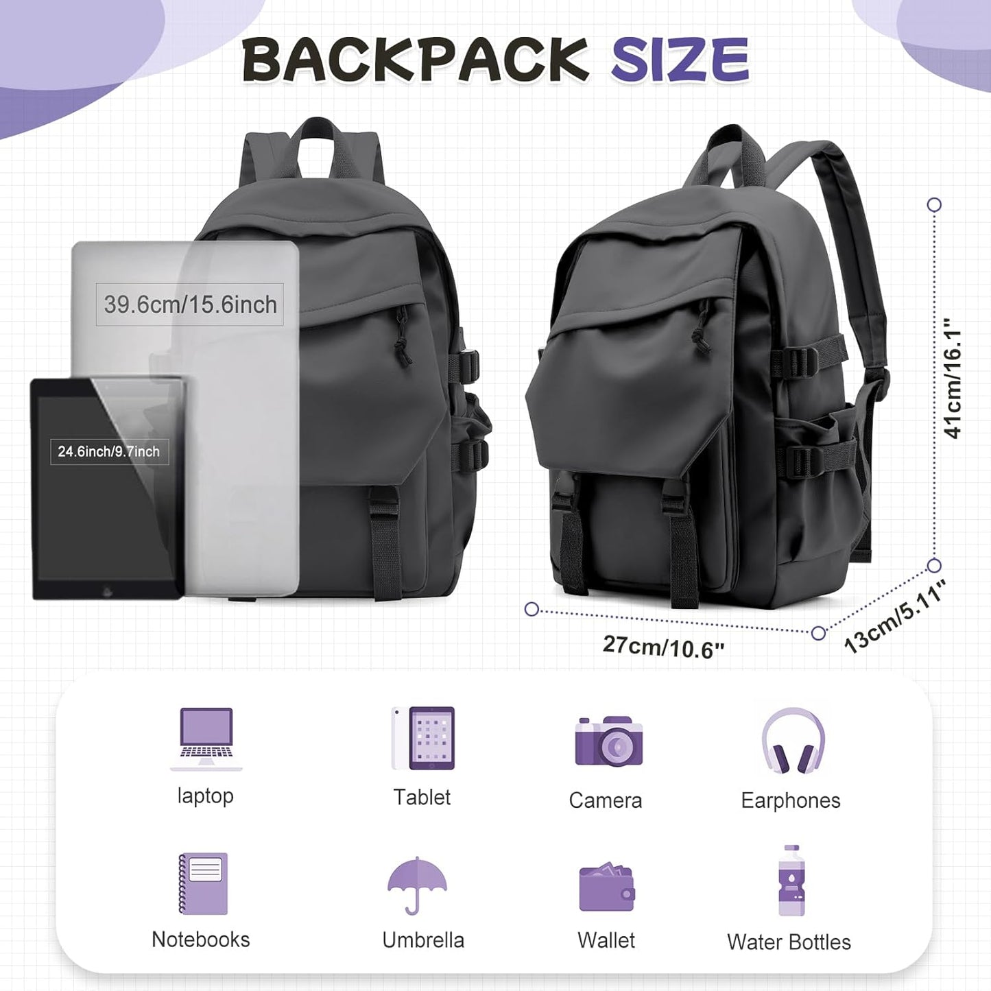 School Backpack for Women Men College High School Bags for Boys Girls Casual Daypack Laptop Backpack Waterproof Black Bookbag Travel Rucksack