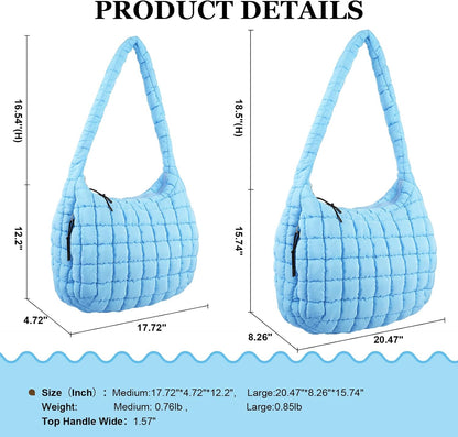 Quilted Puffer Tote Bag Large Crossbody Shoulder Bag with Zipper, Nylon Hobo Oversized Handbag
