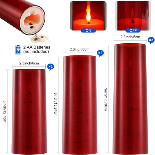 Liomus Flickering Flameless Candles, LED Pillar Canldes with String Light, Battery Operated Remote Control Timer Flameless Candles (D2.3 x H5 6 7in) for Wedding Christmas Home Decor - A Set of 7 - Red