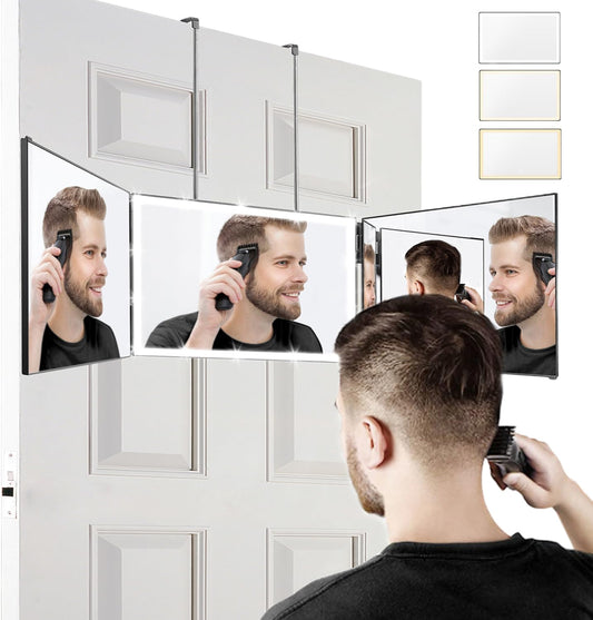 XIGETRAIL Rechargeable 3 Way Mirror for Self Hair Cutting with 3 Color Temps LED Light & Telescoping Hooks for Makeup, Shaving & Styling - 360 Mirror