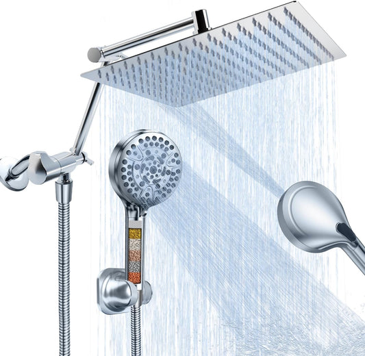 PALAS Rainfall Shower Head/Handheld Showerheads Combo, High Pressure Shower Head with Filter, Reinforced 60" Hose/Holder,Extension Arm Height/Angle Adjustable, Anti-Clog Nozzle (Chrome-8 Inches)