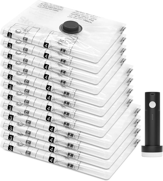 Travel Vacuum Storage Bags with Portable Electric Pump, 12-Pack Compression Packing Cubes for Suitcase and Backpack, Space Saver Vacuum Seal Bags for Clothing and Luggage Organization