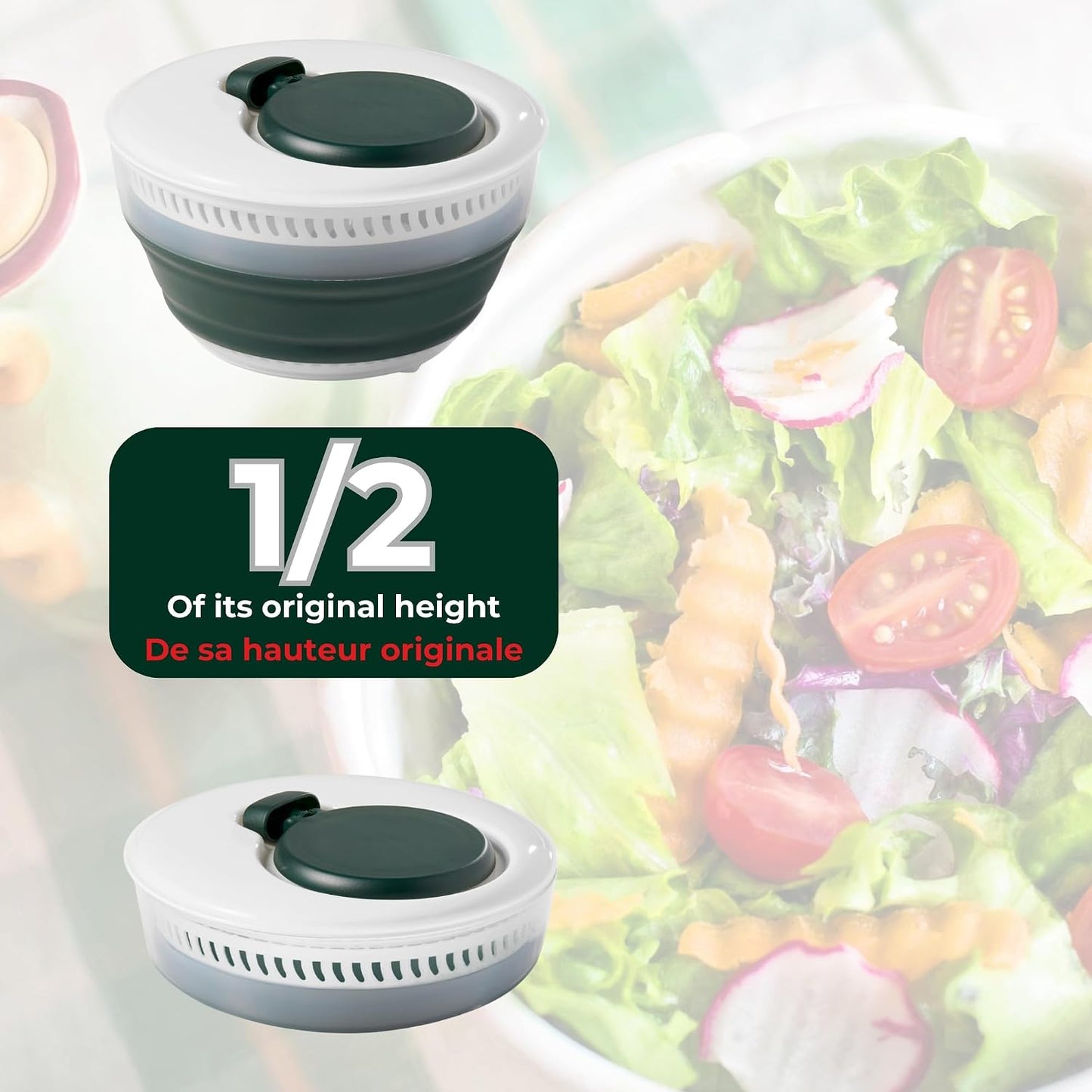 Starfrit Collapsible Salad Spinner, 3L, Colander & Serving Bowl | Collapsible storage. 3L capacity. Colander basket. Serving bowl. BPA-free. Ideal for salads and vegetables.