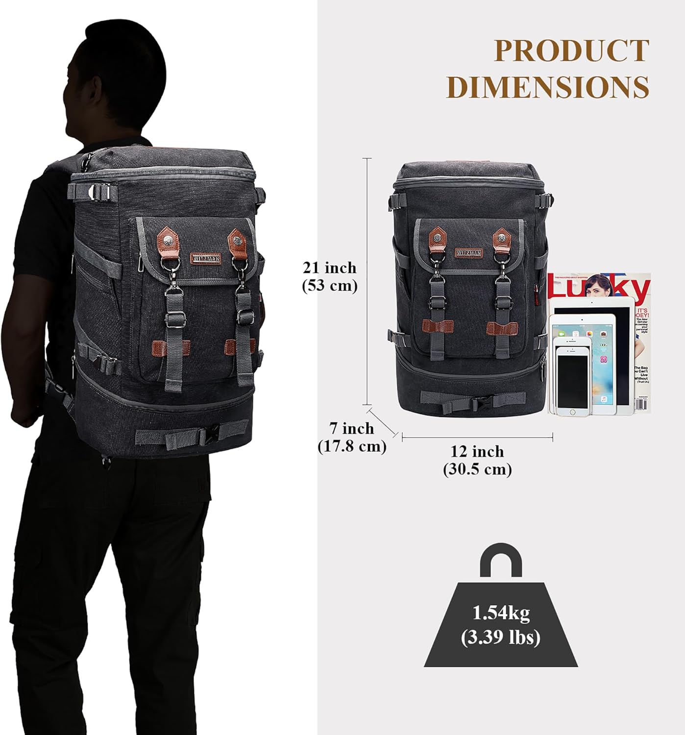 WITZMAN Travel Backpack for Men Women Canvas Backpack Carry on Luggage Rucksack Convertible Duffel Bag Large