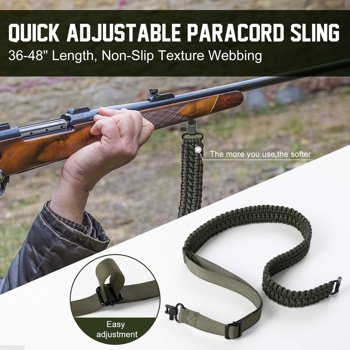 VVAAGG Two-Point Sling with Swivel, Non-Slip Paracord Sling with Adjustable Length Strap