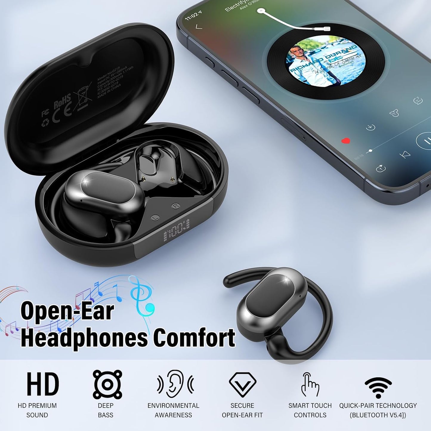 Open Ear Headphones, Bluetooth 5.4 Earphones 36H Playtime Air Conduction Headphones with Mic, Adjustable Earhook Earbuds with ENC Clear Calls/LED Display, IPX7 Waterproof Open Ear Earbuds Dark Purple
