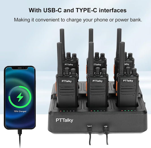 PTTalky FR1 Walkie Talkies with 6-Way Charger, Long Range Walkie Talkies, USB-C Charging, VOX, with Earpieces, 2 Way Radios for Business School Warehouse - PuriLite