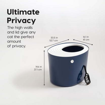 IRIS USA Top Entry Cat Litter Box with Scoop - Large - Stylish Enclosed Round Oval Kitty Dog Proof Box, Litiere Pour Chat Bac - White/Beige