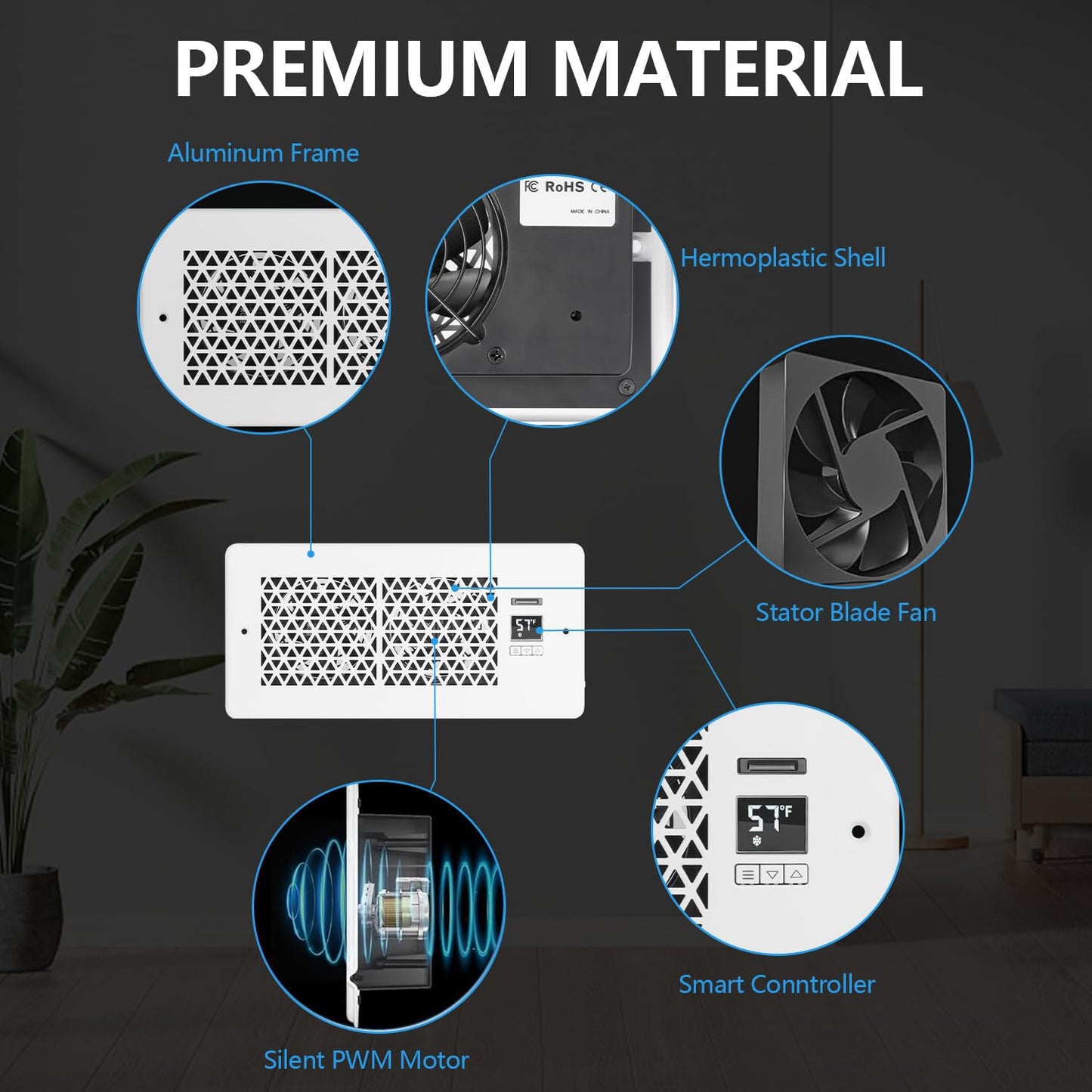 Register Booster Fan | 4 x 10 Floor Vent Booster Fan with Thermostat Control, Remote Control, Quiet 10-Speed HVAC Air Vent Fan