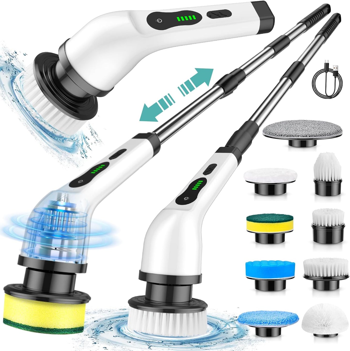 Electric Spin Scrubber, Cordless Kitchen Brushes, Bathroom Shower Cleaner with 9 Brush Heads, 2H Power Dual Speed, Adjustable Extension Handle, IPX7 Waterproof for Cleaning Brush