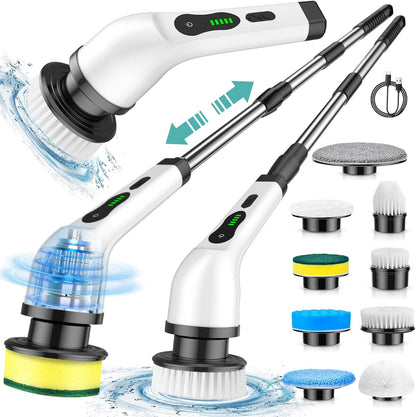 Electric Spin Scrubber, Cordless Kitchen Brushes, Bathroom Shower Cleaner with 9 Brush Heads, 2H Power Dual Speed, Adjustable Extension Handle, IPX7 Waterproof for Cleaning Brush