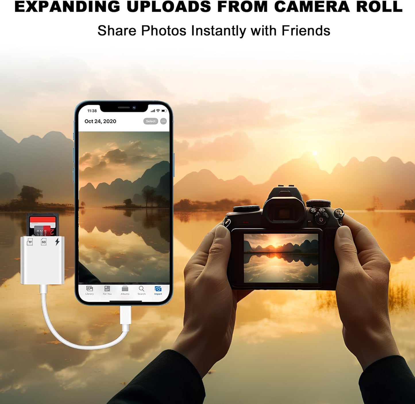 Lightning to Sd Card Reader for iPhone Camera, [Apple MFi Certified] Dual Card Slot Memory Card Readers Supports SD and TF Card, Plug and Play Sd Card Adapter Compatible with iPhone
