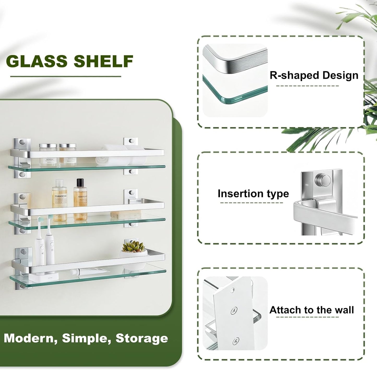 Bathroom Glass Shelf 15.7" Silver Wall-Mounted, Floating Metal Storage Rack | 3 Pack Aluminum Tempered Glass 0.3in Extra Thick Rectangular，Space-Saving Design