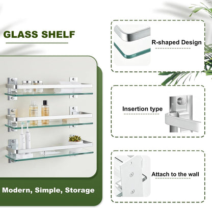 Bathroom Glass Shelf 15.7" Silver Wall-Mounted, Floating Metal Storage Rack | 3 Pack Aluminum Tempered Glass 0.3in Extra Thick Rectangular，Space-Saving Design