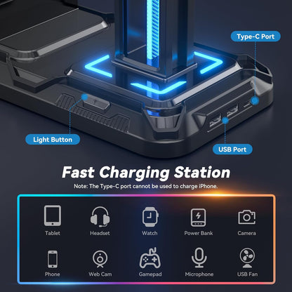RGB Headset Stand with Phone Holder and Controller Storage | Rotating Headphone Hanger with Wireless Charging & USB Ports - PuriLite