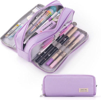 Big Capacity Pencil Case, OLIYuMi 3 Compartment Pencil Pouch Pencil Bag Storage Box Stationery Organizer Makeup Bag with Zipper Closure for Student Office College Boys and Girls (Pink)
