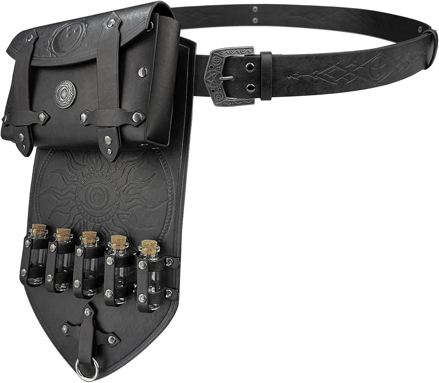 HiiFeuer 3PCs Medieval Alchemy Faux Leather Belt Bag Set with 5 Cork Potion Vials, Fantasy Embossed Wizard Halloween Belt(Black A)