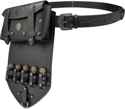 HiiFeuer 3PCs Medieval Alchemy Faux Leather Belt Bag Set with 5 Cork Potion Vials, Fantasy Embossed Wizard Halloween Belt(Black A)