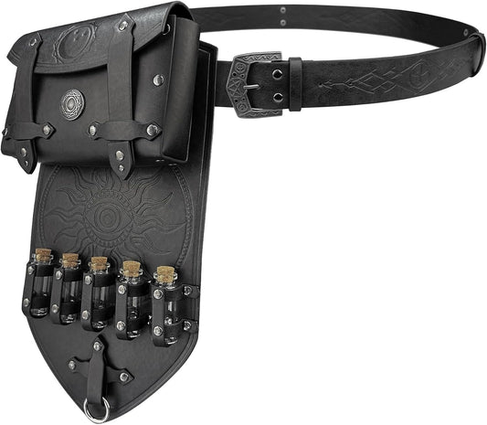 HiiFeuer 3PCs Medieval Alchemy Faux Leather Belt Bag Set with 5 Cork Potion Vials, Fantasy Embossed Wizard Halloween Belt(Black A)